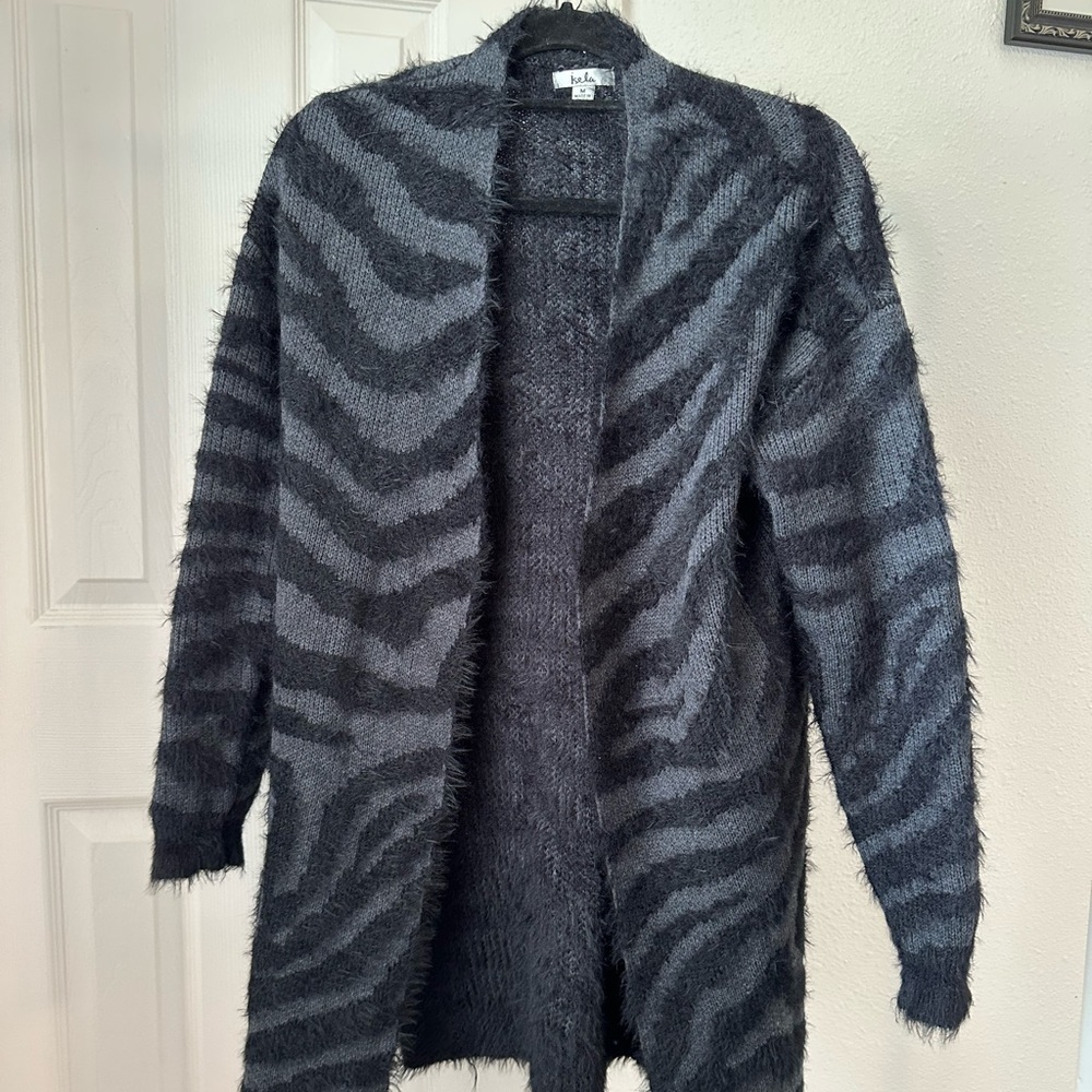 Gray & black long fuzzy cardigan - zebra print